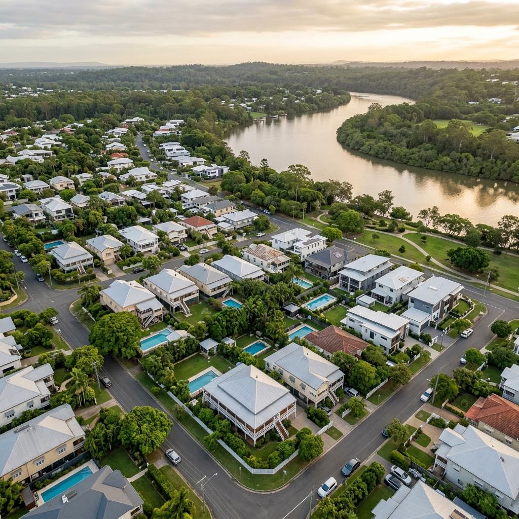 Leafy Brisbane homes beside the river, looking towards the city skyline.